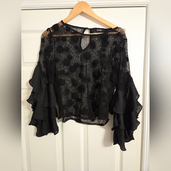 Impulsive Tops - Impulsive Black Mesh Polka Dot Top with Ruffled Sleeves size large